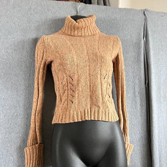 VTG Express Camel Cable Knit Angora Blend Turtleneck Swtr Sz S Cropped Lng Slv - Picture 8 of 10